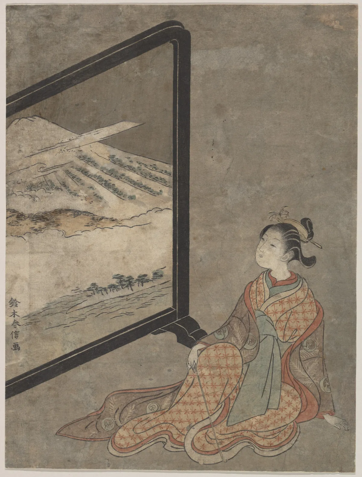 Young Woman with a Pipe in Her Hand Gazing at Landscape Painted on a Screen | Suzuki Harunobu - 浮世繪畫廊