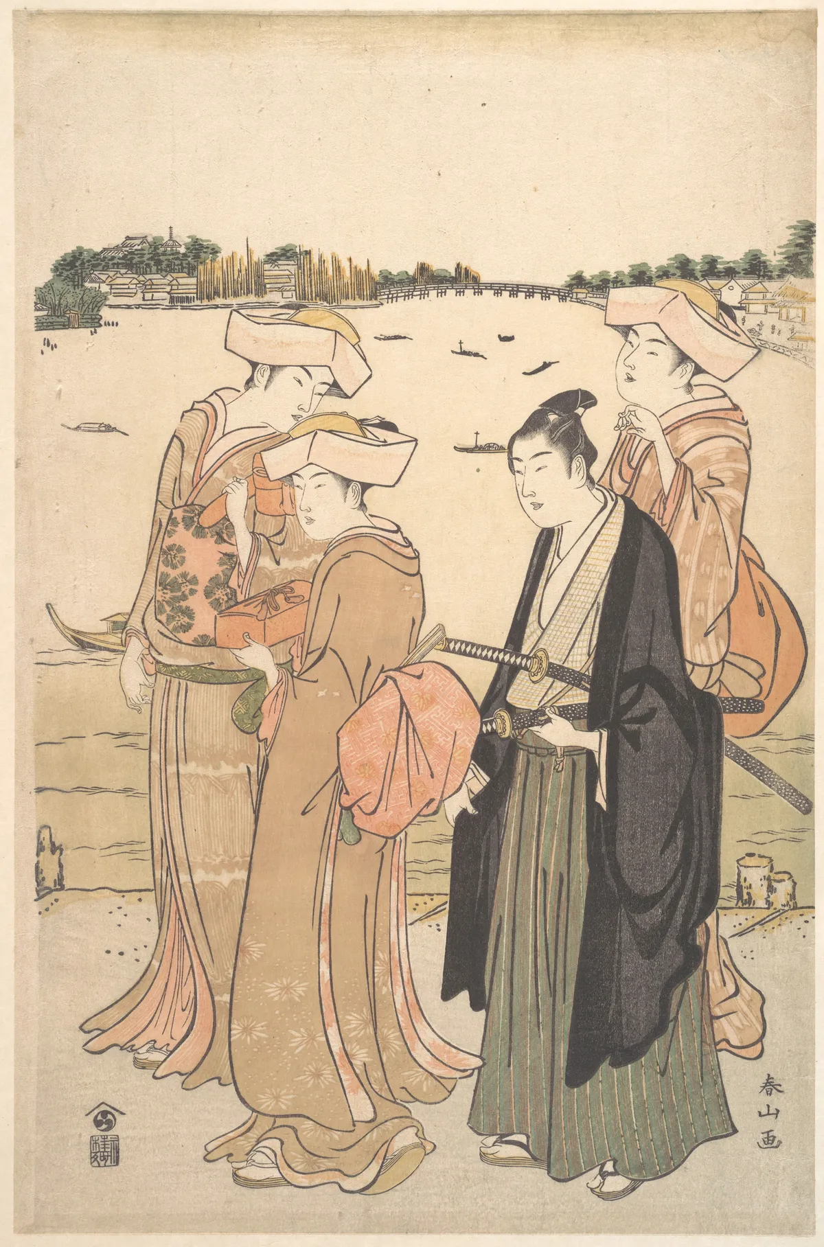 A Young Samurai and Three Women | Katsukawa Shunzan - 浮世繪畫廊