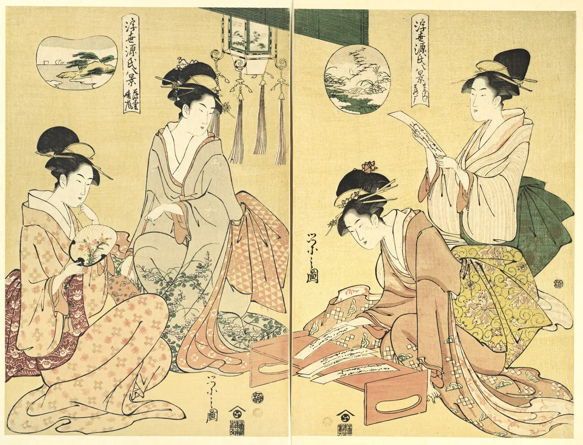 Spirit Summoner; Wild Geese Returning Home (Maboroshi; Rakugan) (right) and A Thin Veil of Clouds; Clearing Weather (Usugumo; Seiran) (left), from the series Eight Views of The Tale of Genji in the Floating World (Ukiyo Genji hakkei) | Chōbunsai Eishi - 浮世繪畫廊