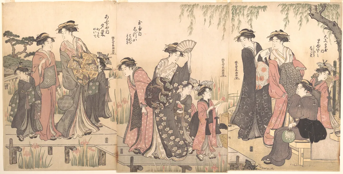 Courtesans in an Iris Garden | Katsukawa Shunchō - 浮世繪畫廊