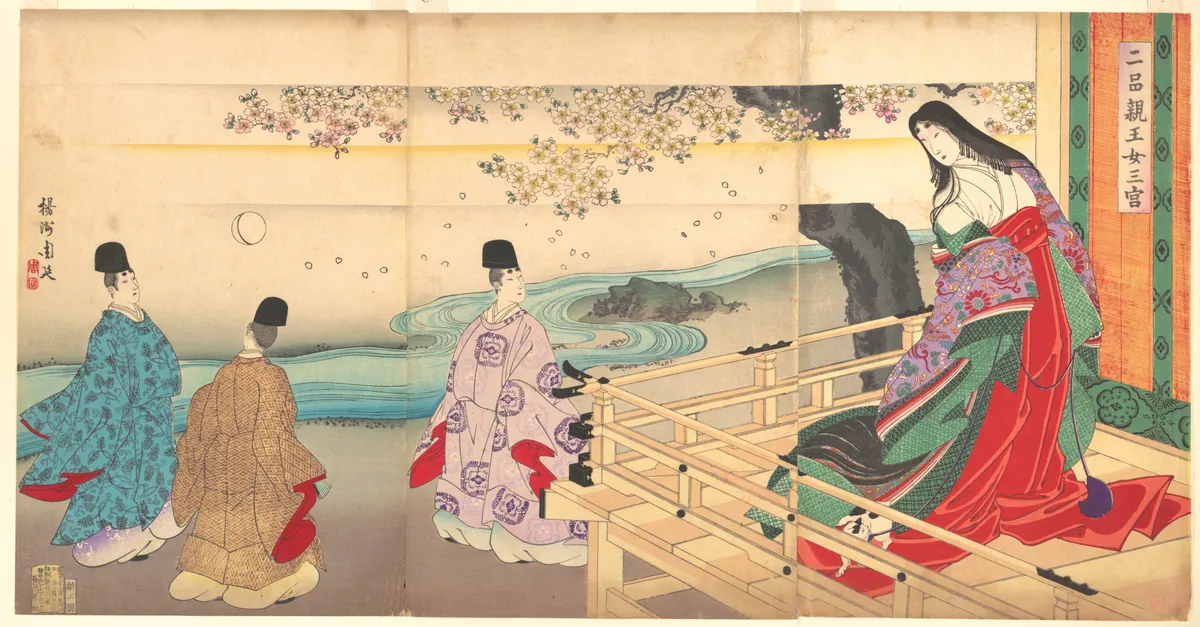 The Third Princess and Kashiwagi, from Chapter 34, “New Herbs I (Wakana I)” (Nihon shinnō onna sannomiya) | Yōshū (Hashimoto) Chikanobu - 浮世繪畫廊