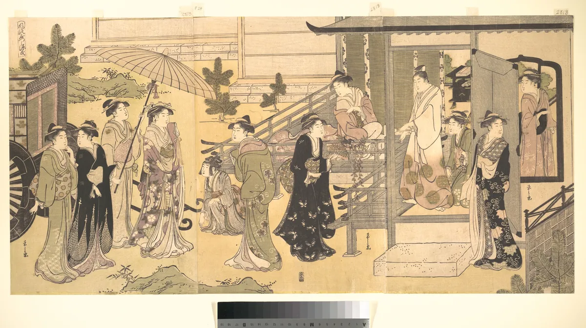 A Disguised Scene from The Tale of Genji (Fūryū Yatsushi Genji), Chapter 33, “Wisteria Leaves (Fuji no uraba)” | Chōbunsai Eishi - 浮世繪畫廊