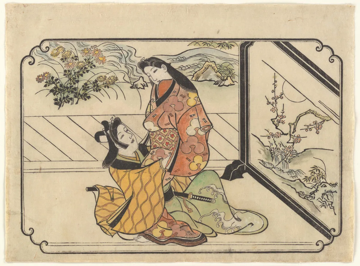 Courtesan with a Young Man (Wakashu) beside a Screen | Hishikawa Moronobu - 浮世繪畫廊