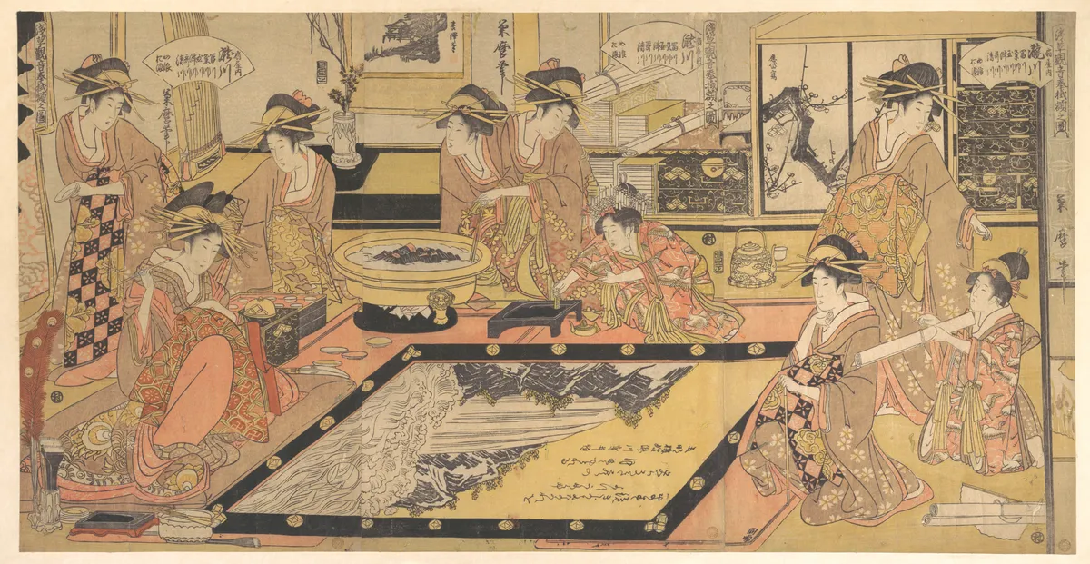 A Votive Picture to Be Donated to the Kannon of Asakusa (Asakusa Kannon hō kakegaku no zu), by Takigawa of the Ōgiya, Kamuro Menami and Onami, with Tomikawa, Kumegawa, Tamagawa, Tsugawa, Utagawa, and Kiyokawa | Kitagawa Kikumaro - 浮世繪畫廊
