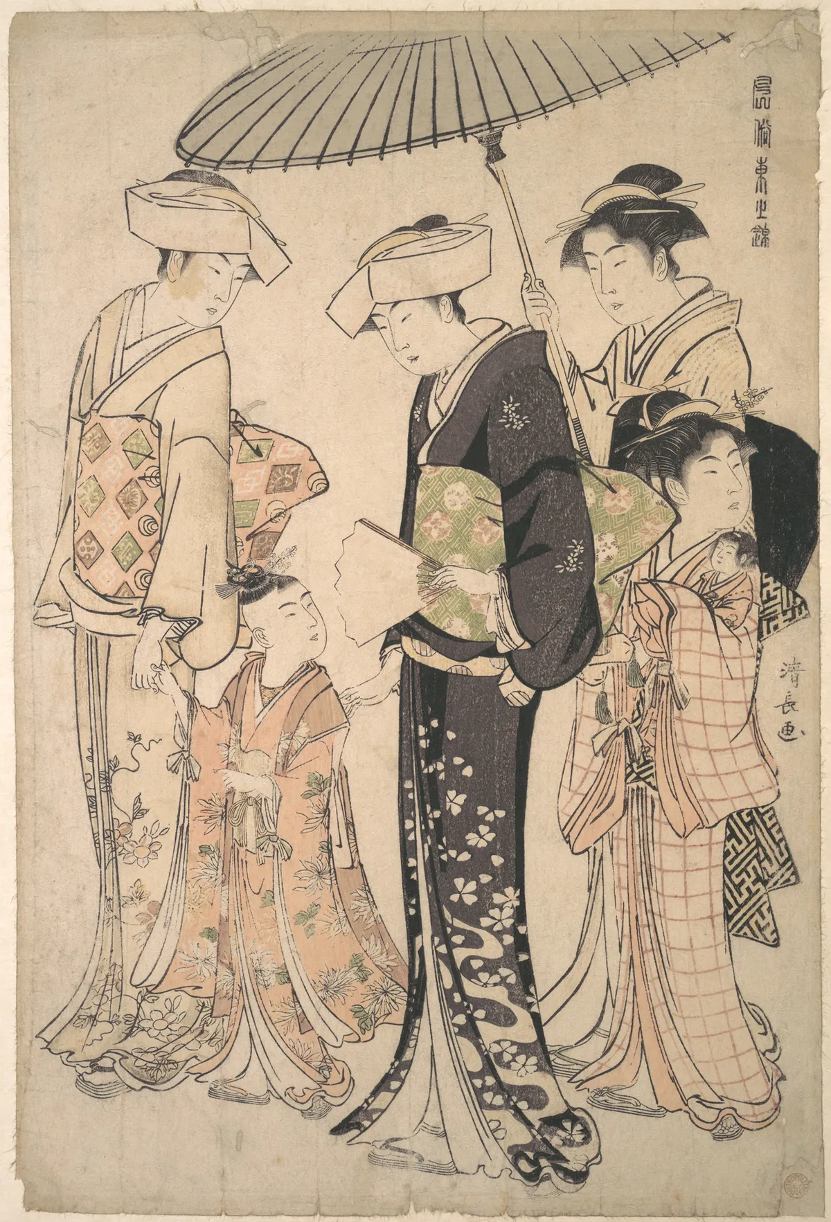 Two Women in Summer Costume Taking a Young Girl to a Shinto Temple for the Miya Mairi Ceremony | Torii Kiyonaga - 浮世繪畫廊