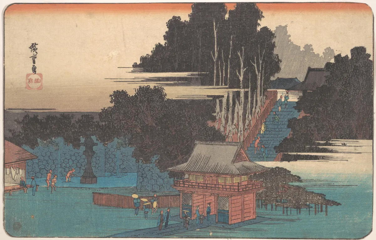 Pilgrims at the Fudo Shrine, Meguro | Utagawa Hiroshige - 浮世繪畫廊