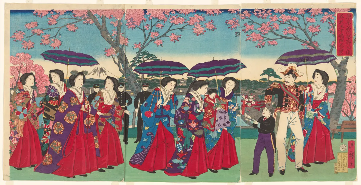 View of Benten Shrine on Nakanoshima Island in Shinobazu Pond, Ueno Park, from the series Famous Views of Tokyo (Tōkyō Tokyo meisho yori Ueno kōen Shinobazu no ike Nakanoshima Benten no kei) | Utagawa Hiroshige III - 浮世繪畫廊