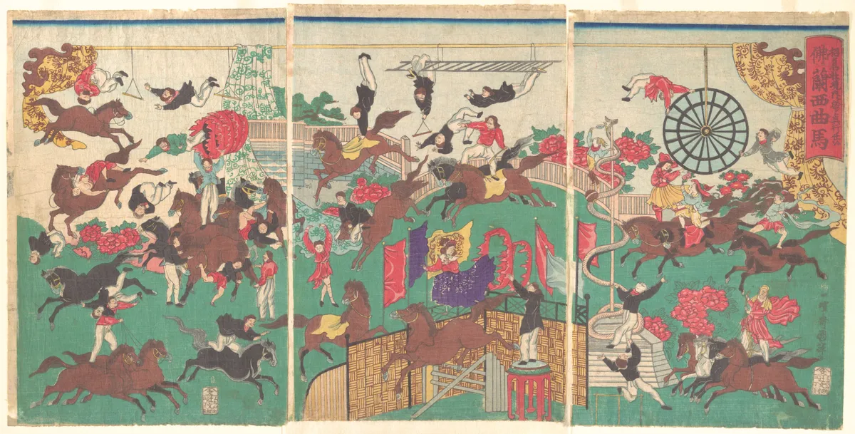 French Equestrian Circus on the grounds of Asakusa Kannon temple (Asakusa kannon keidai ni oite kōgyō tsukawashi sōrō-Furansu kyokuba) | Utagawa Kuniteru - 浮世繪畫廊
