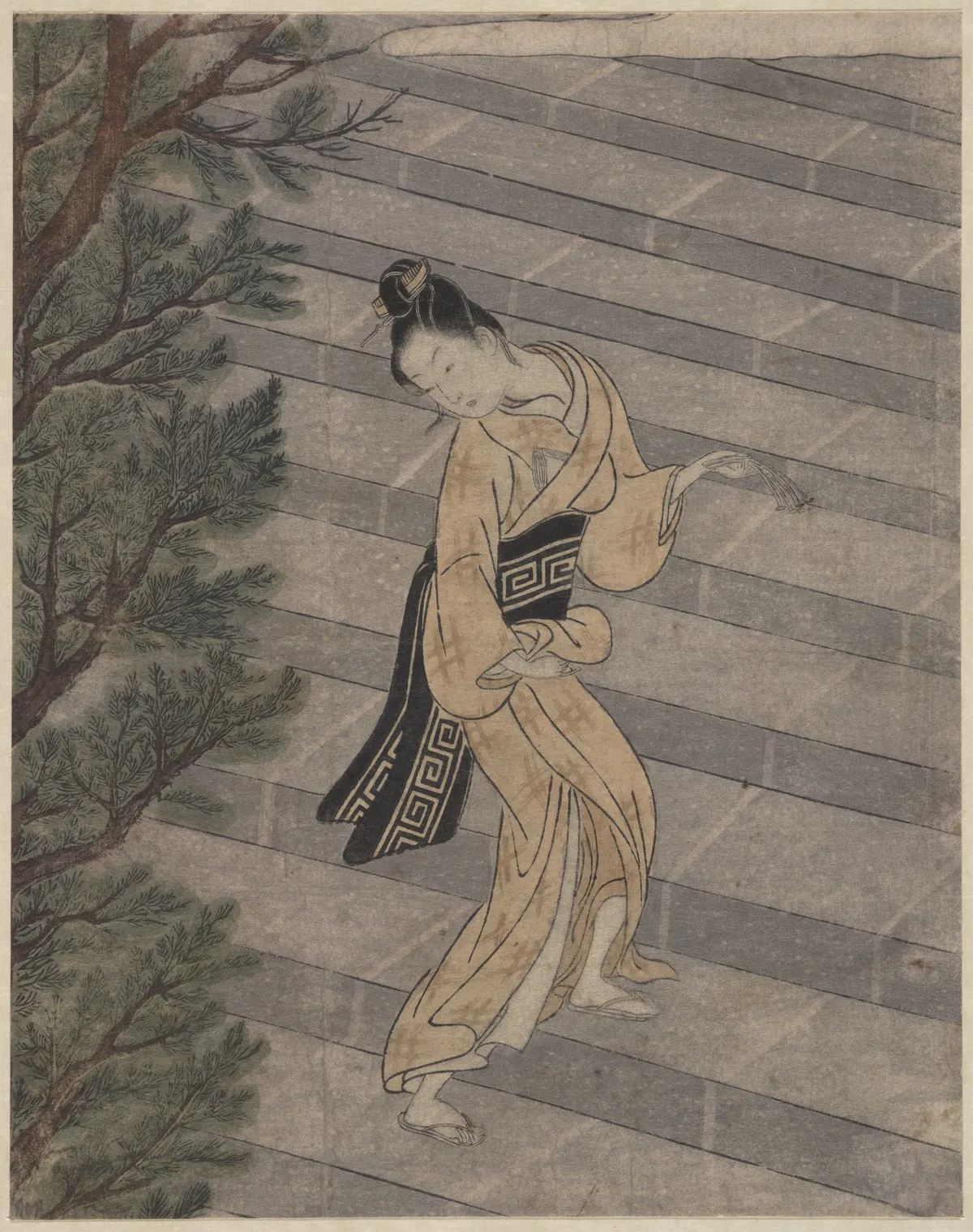 Young Woman Climbing Stone Stairs to a Shinto Temple | Suzuki Harunobu - 浮世繪畫廊