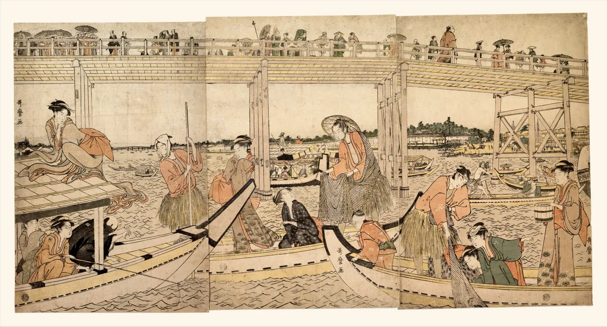 Fishing Boats with Nets under Ryōgoku Bridge | Kitagawa Utamaro - 浮世繪畫廊