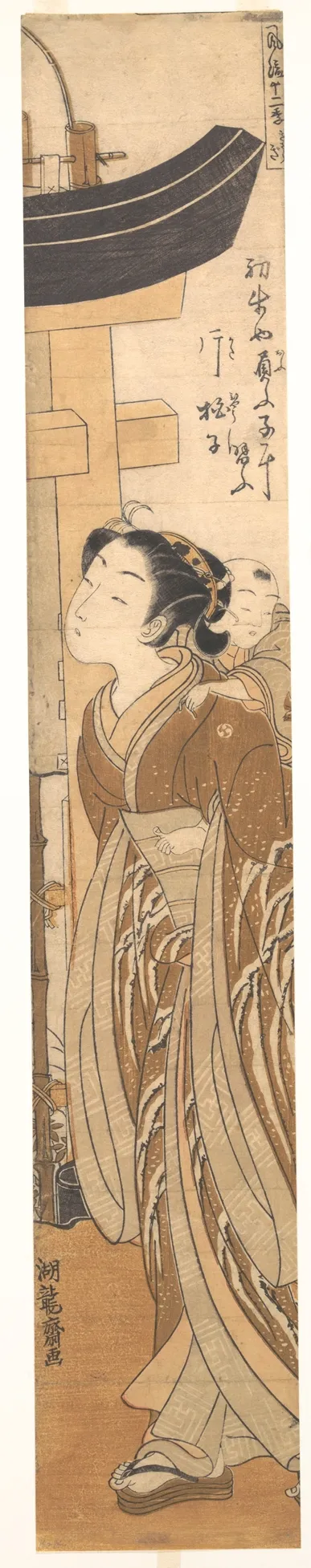 A Woman Carrying a Child on Her Back near the Entrance to a Temple | Isoda Koryūsai - 浮世繪畫廊