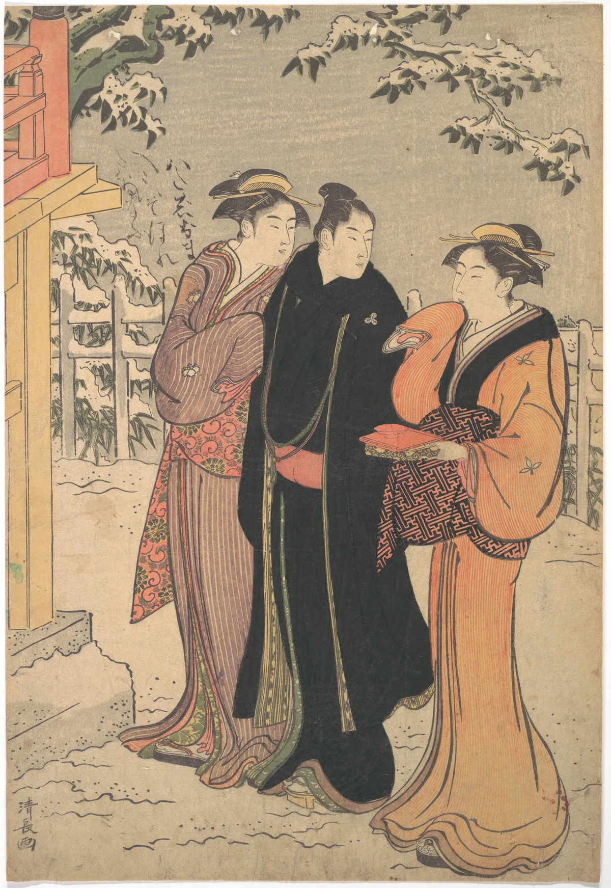 Man in a Black Haori (Coat) and Two Women Approaching a Temple | Torii Kiyonaga - 浮世繪畫廊