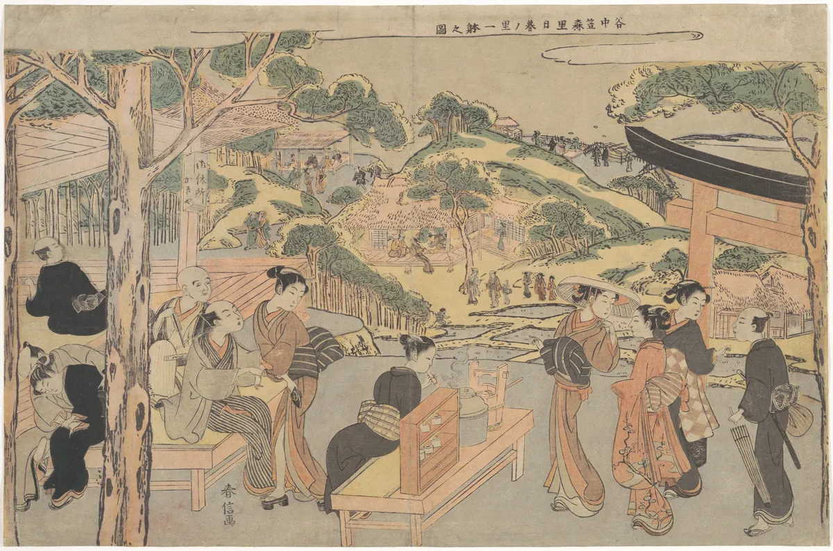 Osen of the Kagiya Teahouse at Kasamori Shrine with a View of Nippori in Yanaka | Suzuki Harunobu - 浮世繪畫廊