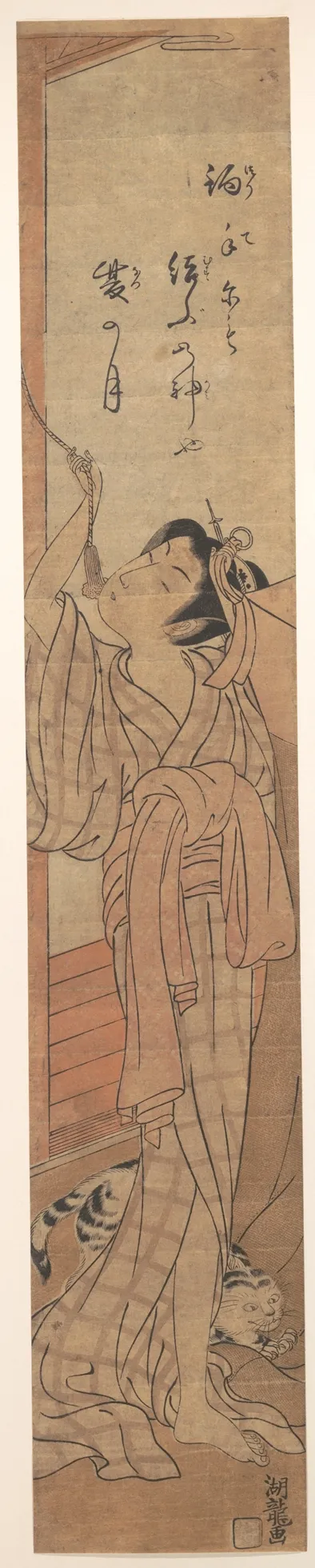 Young Lady Toying with the Tassel of Her Bed–net while a Cat Plays at Her Feet | Isoda Koryūsai - 浮世繪畫廊