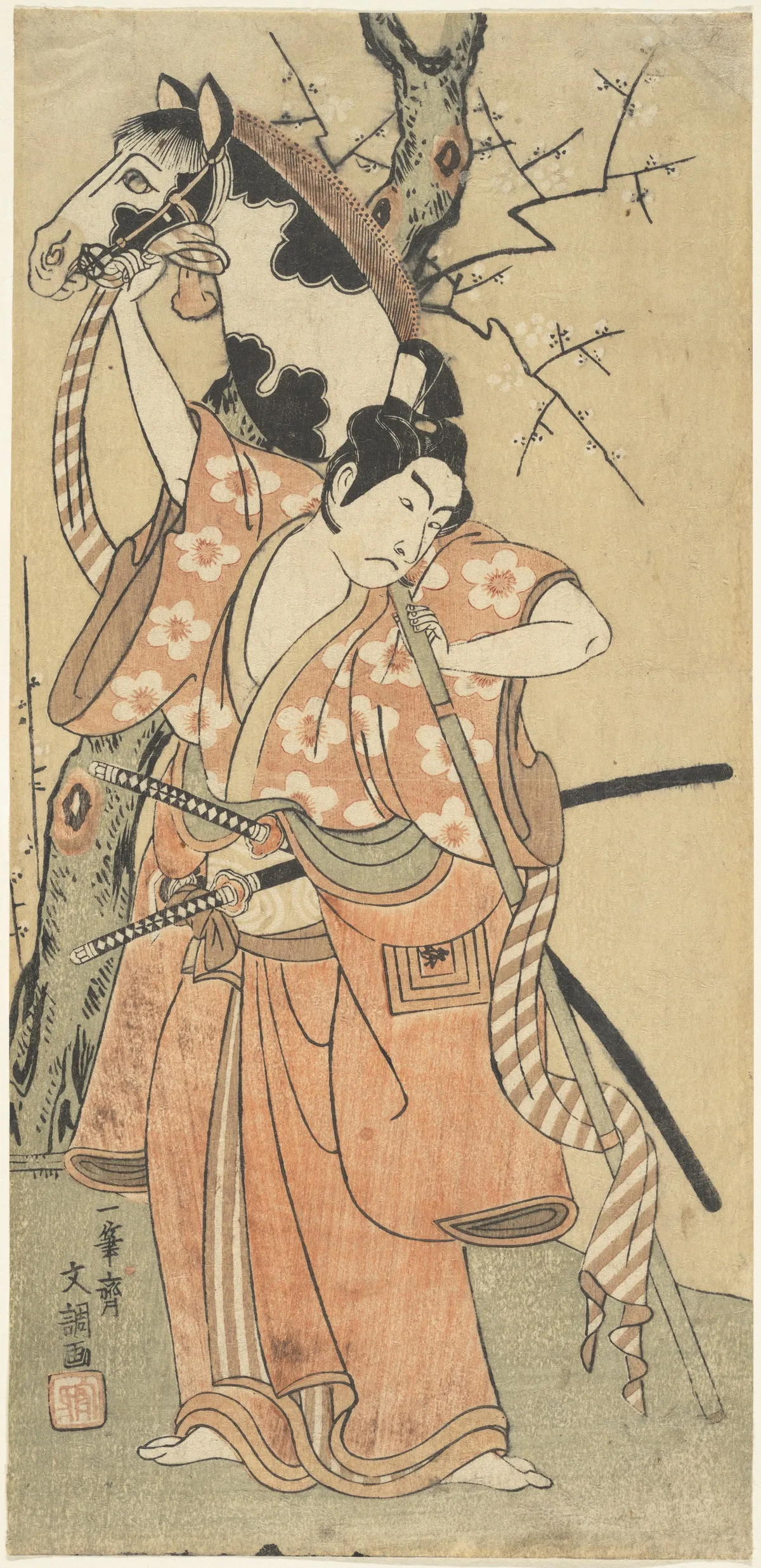 Danjuro as a Youth with a Toy Horse under Plum Blossoms | Ippitsusai Bunchō - 浮世繪畫廊