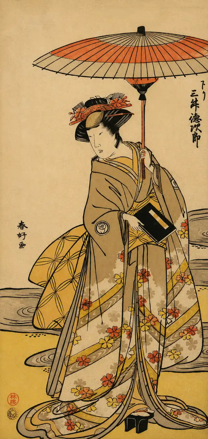 Mimasu Tokujuro as a Woman Standing Near a Winding Stream | Katsukawa Shunkō - 浮世繪畫廊