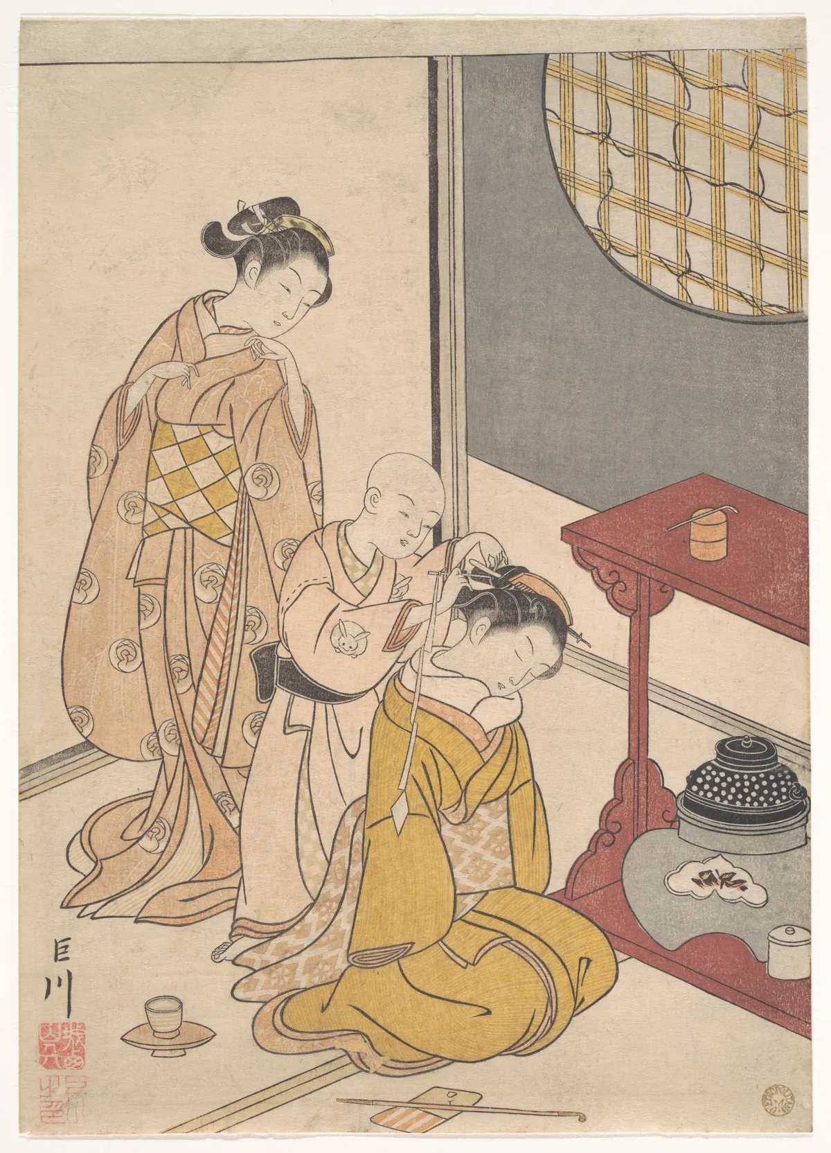 Night Rain at the Double-Shelf Stand, from the series Eight Parlor Views (Zashiki hakkei) | Suzuki Harunobu - 浮世繪畫廊