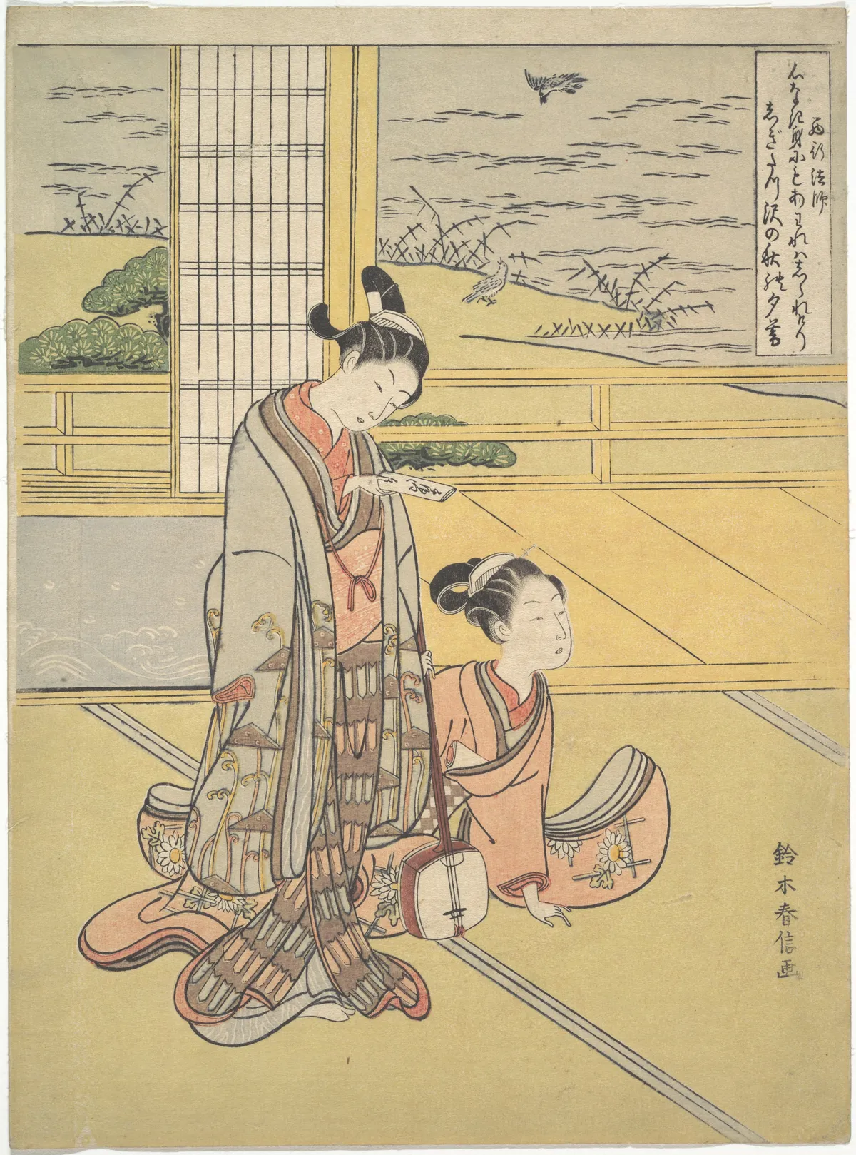 A Young Man and Woman with a Shamisen; Monk Saigyō, from a series alluding to the Three Evening Poems (Sanseki waka) | Suzuki Harunobu - 浮世繪畫廊
