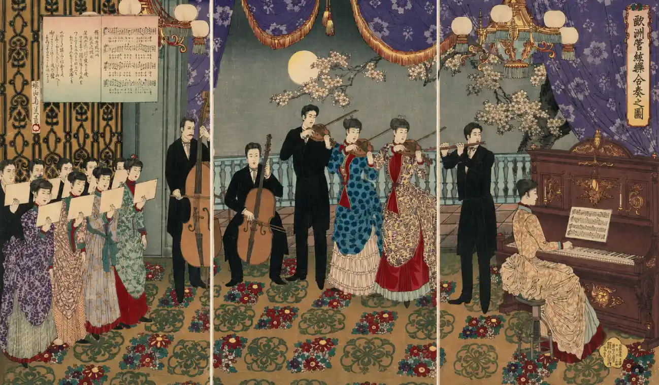 Concert of European Music (Ōshū kangengaku gassō no zu) | Yōshū (Hashimoto) Chikanobu - 浮世繪畫廊