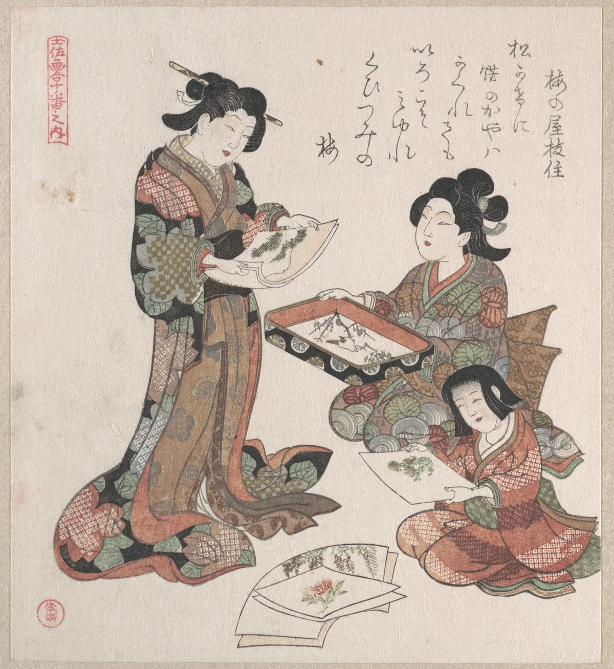 Two Women and a Girl Looking at Paintings | Kubo Shunman - 浮世繪畫廊