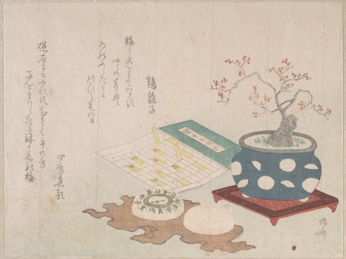 Bonsai Plum, Compass, and Pocket Sundial with Design of Calendar, from Spring Rain Surimono Album (Harusame surimono-jō, vol. 3) | Ryūryūkyo Shinsai - 浮世繪畫廊