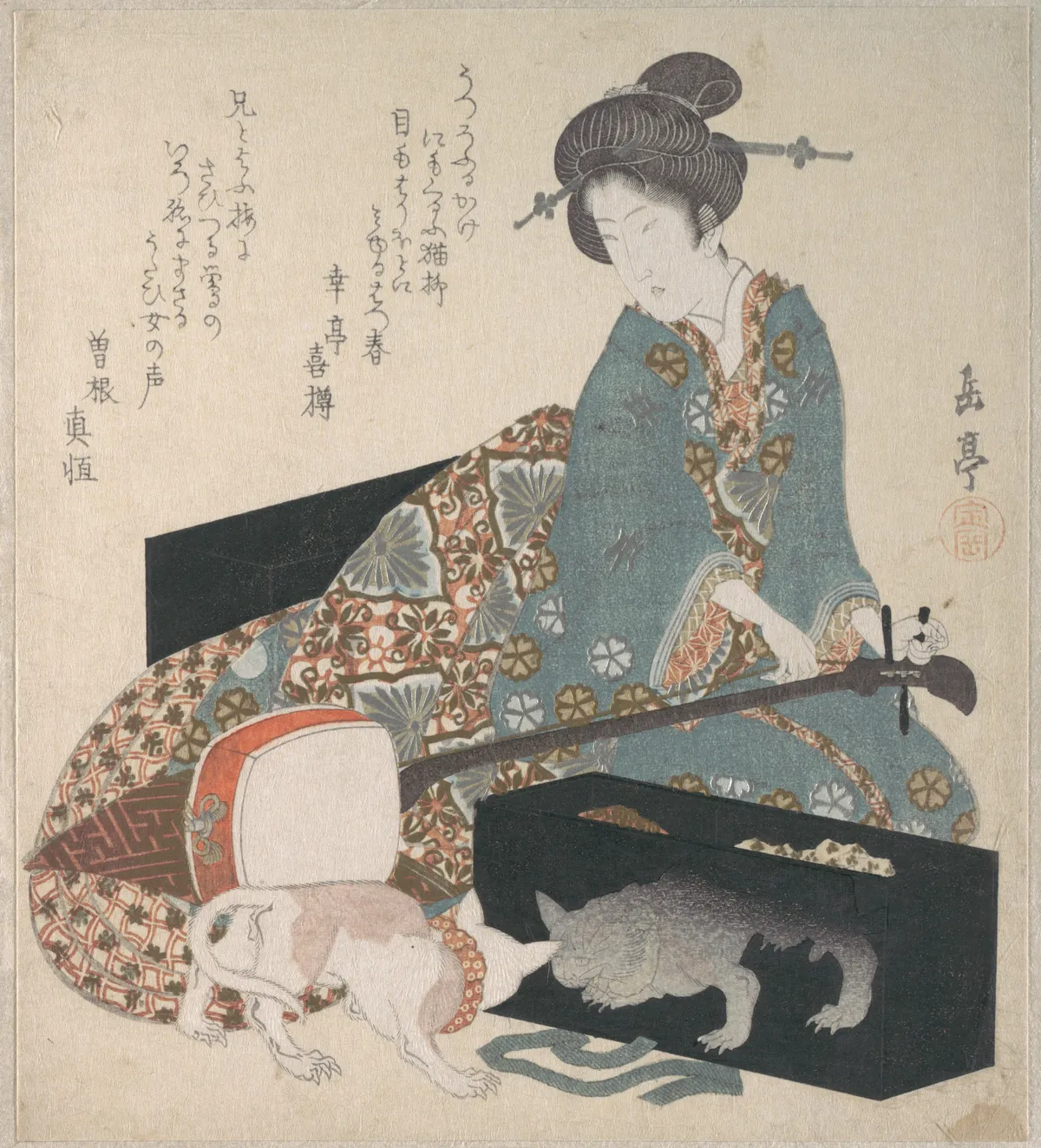 Woman Tuning a Shamisen and a Cat Looking at its Own Reflection | Yashima Gakutei - 浮世繪畫廊