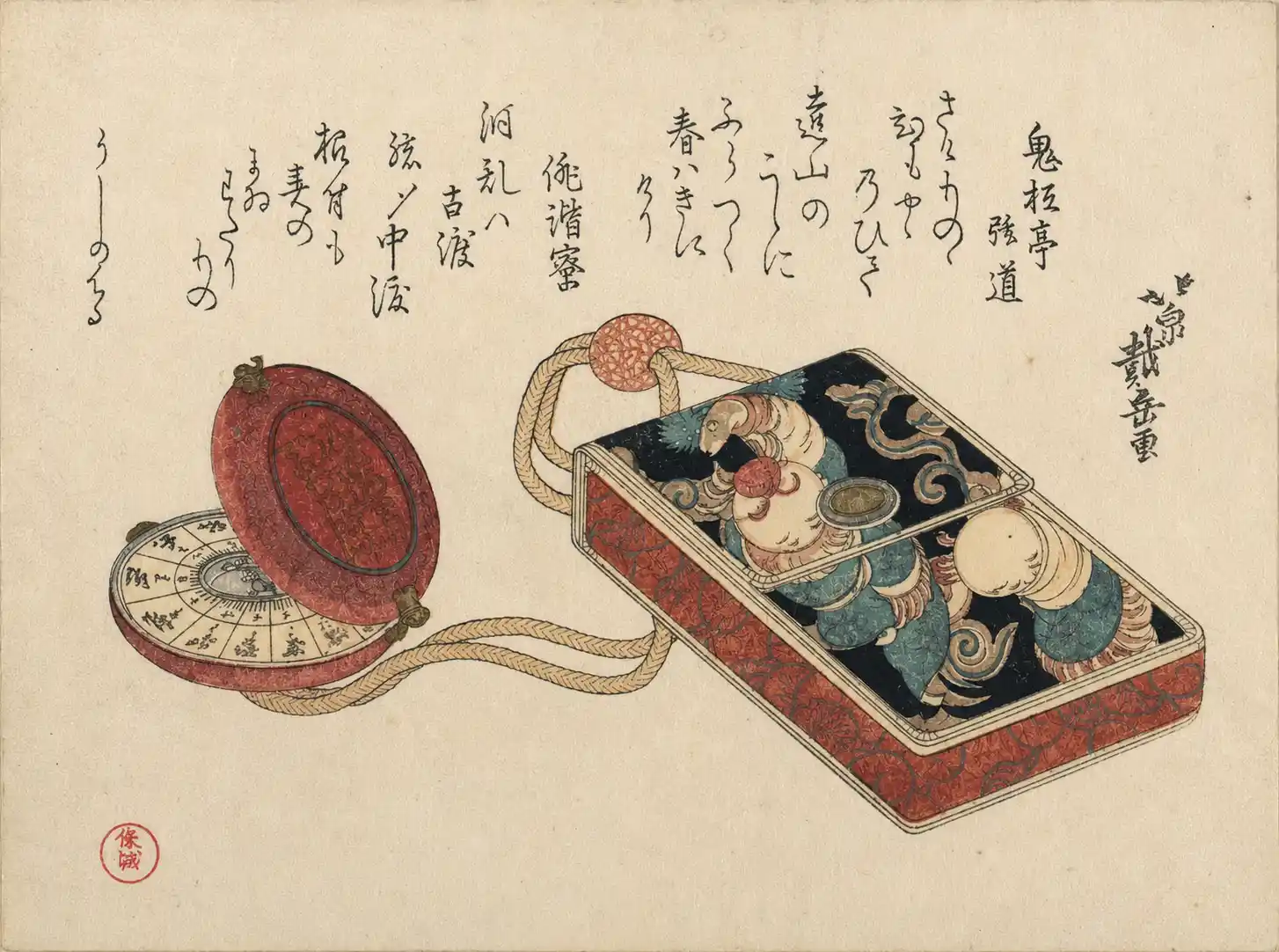 Dōran (Square Leather Box Used as an Inrō) with a Watch as a Netsuke
From the Spring Rain Collection (Harusame shū), vol. 3 | Hokusen Taigaku - 浮世繪畫廊