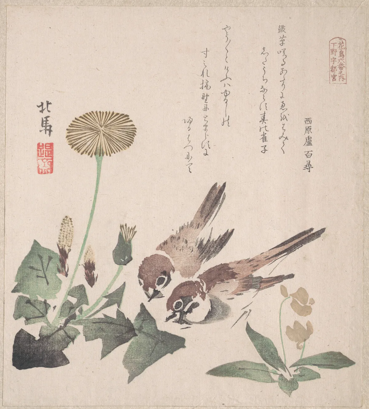 Spring Rain Collection (Harusame shū), vol. 3: Sparrows and Dandelions | Teisai Hokuba - 浮世繪畫廊