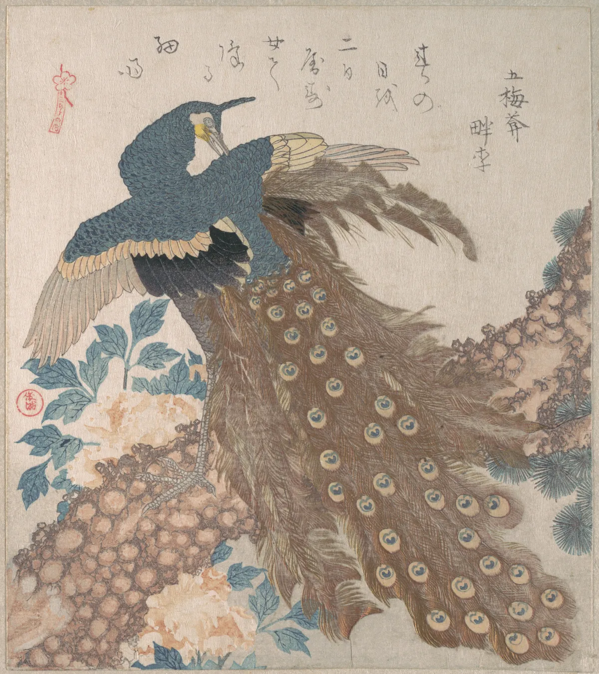 Peacock on Pine Tree and Peonies, from the series Three Sheets (Mihira no uchi) | Totoya Hokkei - 浮世繪畫廊