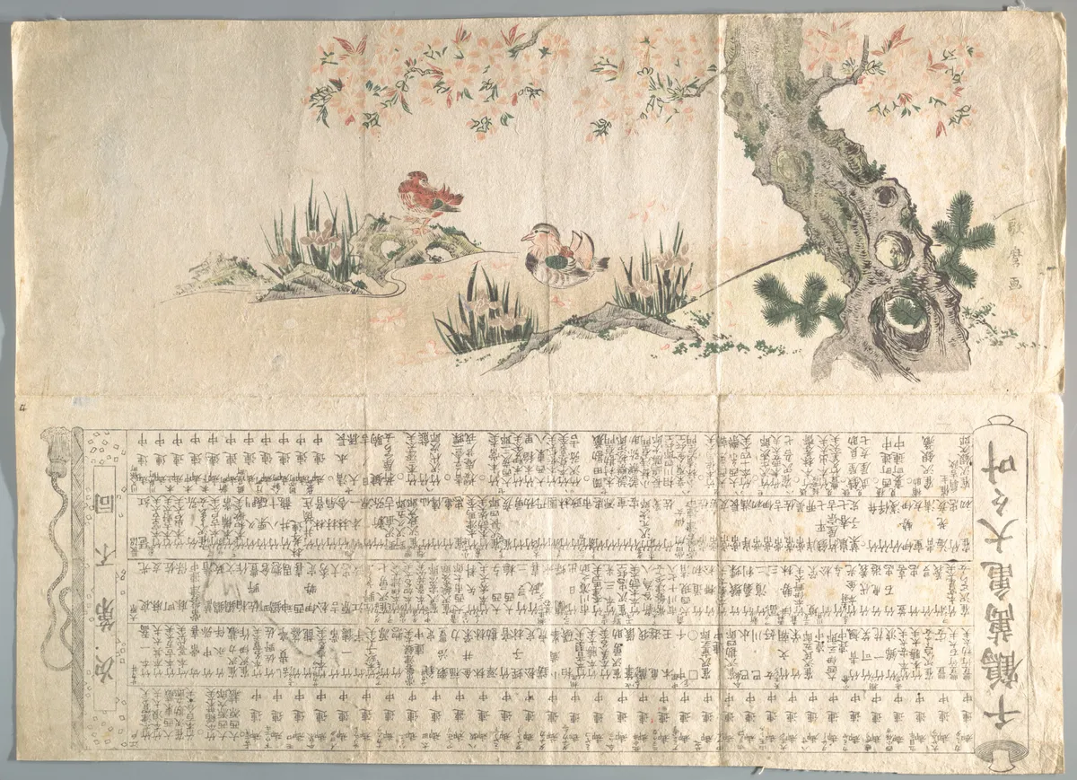Mandarin Ducks in a Spring Landscape: Program for a Jururui Performance | Utamaro II - 浮世繪畫廊