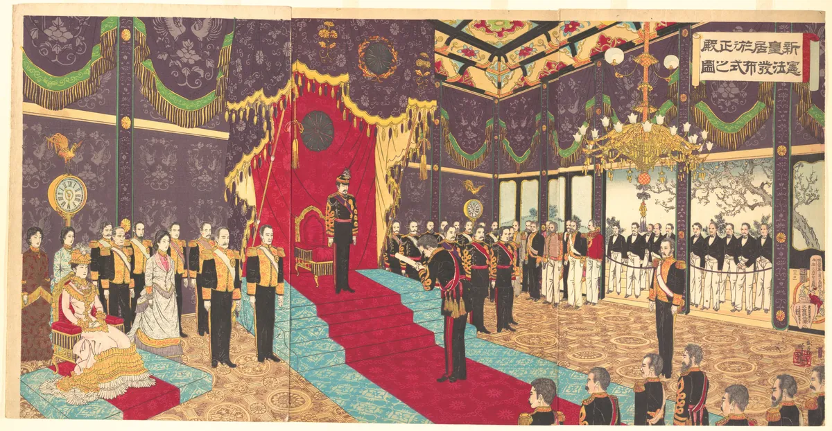 View of the Issuance of the State Constitution in the State Chamber of the New Imperial Palace | Adachi Ginkō - 浮世繪畫廊