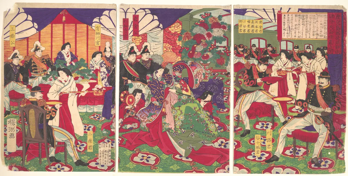 Leaders of the Pacification of the Kagoshima Rebels Celebrating with Cups of Wine from the Emperor (Kagoshima zokuto chinsei ni yotte shoshō tenhai chōdai no zu) | Yōshū (Hashimoto) Chikanobu - 浮世繪畫廊