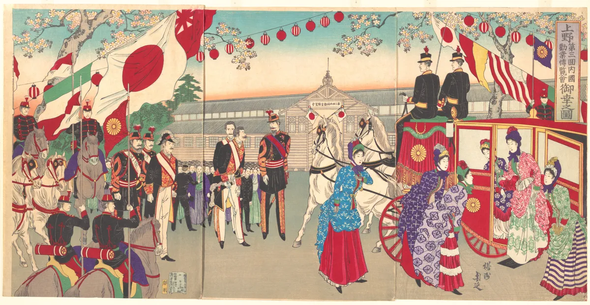 Visit of the Empress to the Third National Industrial Promotional Exhibition at Ueno Park  (Ueno dai sankai  naikoku kangyō hakuran kai gyokō no zu) | Yōshū (Hashimoto) Chikanobu - 浮世繪畫廊