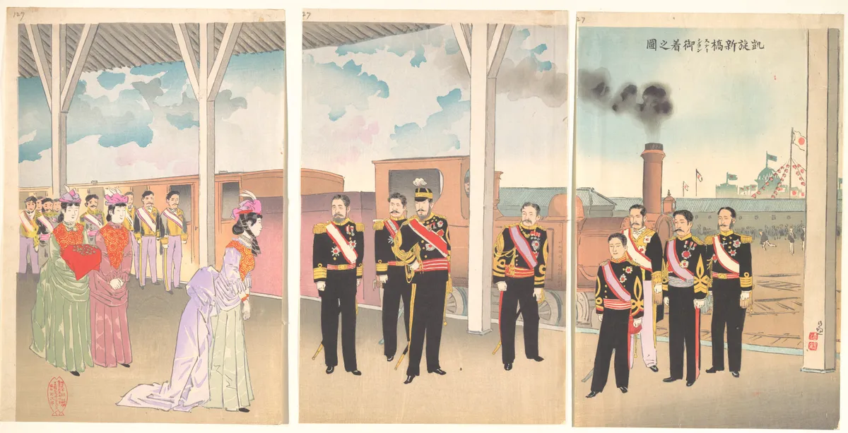 Triumphant Arrival of the Emperor at Shinbashi Station | Kobayashi Kiyochika - 浮世繪畫廊