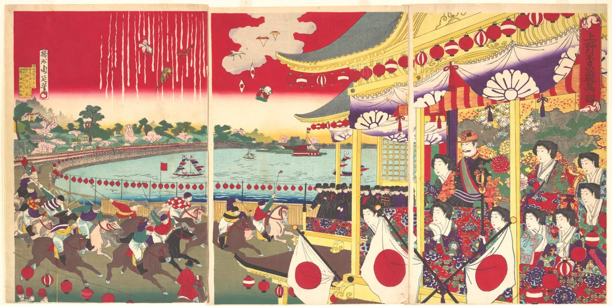 View of the Horse Track at Shinobazu in Ueno Park  (Ueno shinobazu keiba zu) | Yōshū (Hashimoto) Chikanobu - 浮世繪畫廊