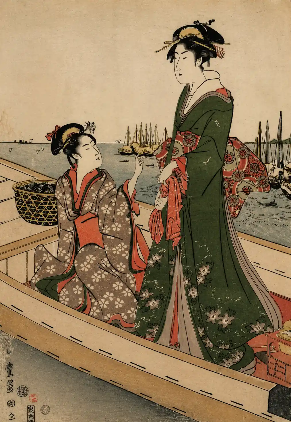 Two Women in a Boat; One  Holding a Basket of Mussels | Utagawa Toyokuni I - 浮世繪畫廊