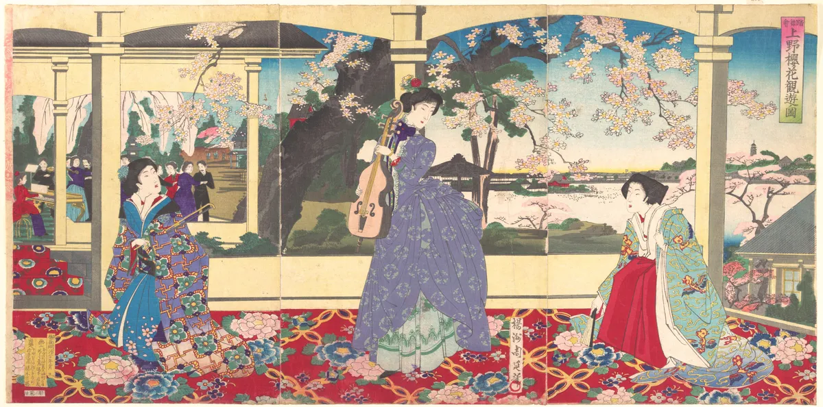 A  Dance Party: Enjoying Cherry Blossom Viewing at Ueno  (Tōbukai Ueno ōka yūran no zu) | Yōshū (Hashimoto) Chikanobu - 浮世繪畫廊