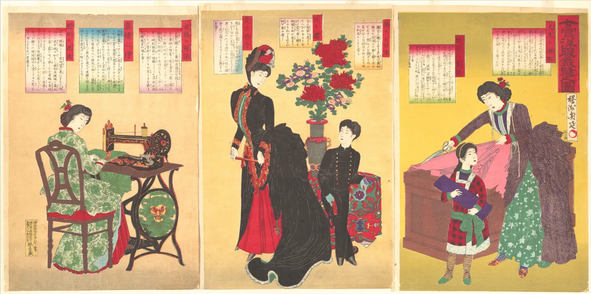 Court Ladies Sewing Western Clothing  (Jokan yōfuku saihō no zu) | Yōshū (Hashimoto) Chikanobu - 浮世繪畫廊
