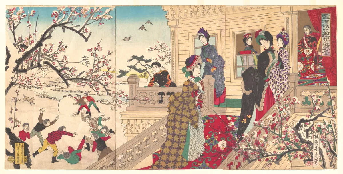 Children Playing in the Snow under Plum Trees in Bloom  (Secchū  baisō gunji yūgi zu) | Yōshū (Hashimoto) Chikanobu - 浮世繪畫廊