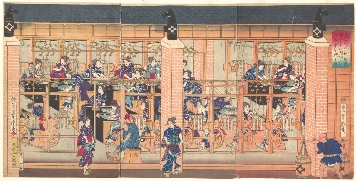 Imported Silk Reeling Machine at Tsukiji in Tokyo | Utagawa Yoshitora - 浮世繪畫廊