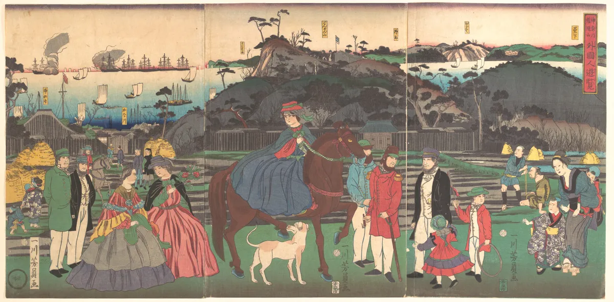Foreigners Visiting the Famous Site of Mount Gongen in Kanagawa | Utagawa Yoshikazu - 浮世繪畫廊