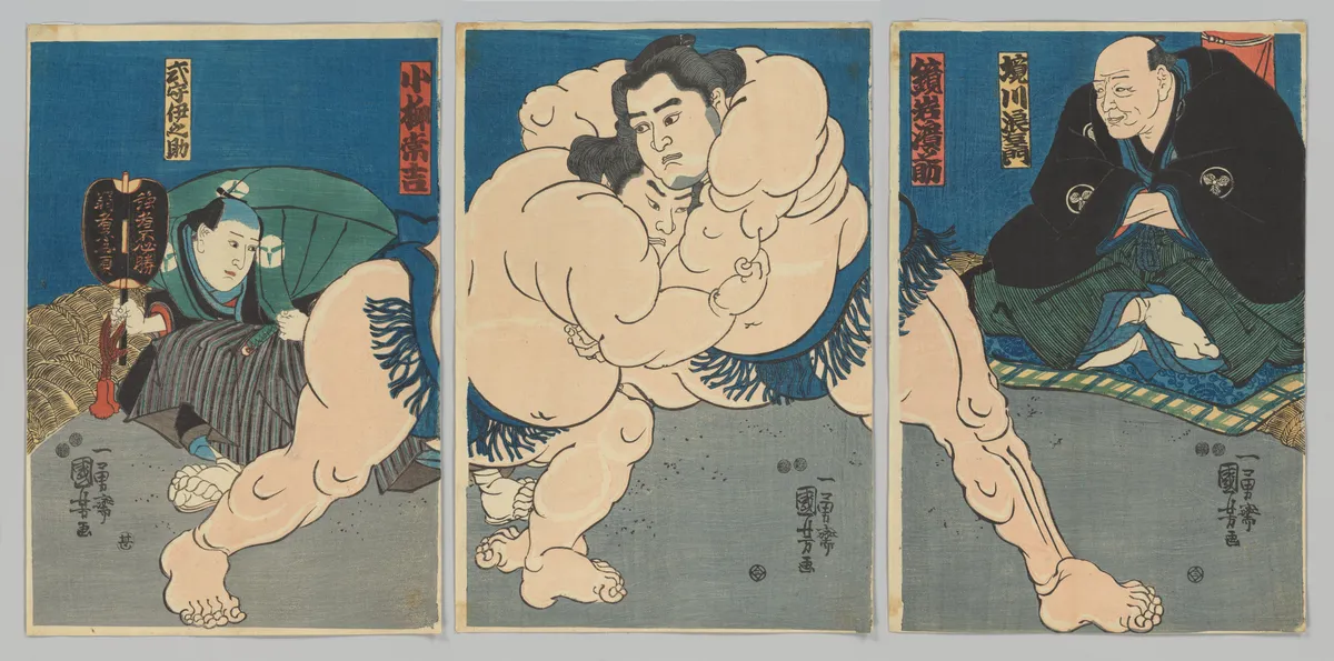 Sumo Wrestlers Kagamiiwa Hamanosuke and Koyanagi Tsunekichi, with Judge Sakaigawa Namiemon and Referee Shikimori Kiichirō | Utagawa Kuniyoshi - 浮世繪畫廊