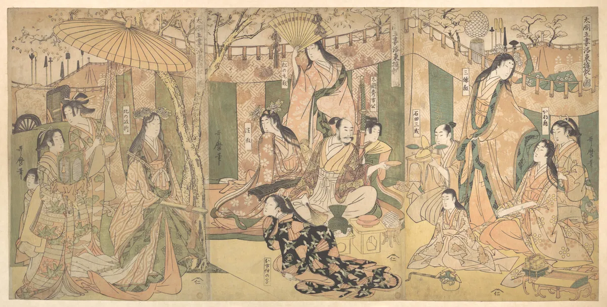A View of the Pleasures of the Taiko and His Five Wives at Rakutō | Kitagawa Utamaro - 浮世繪妖怪與怪談幽靈畫廊