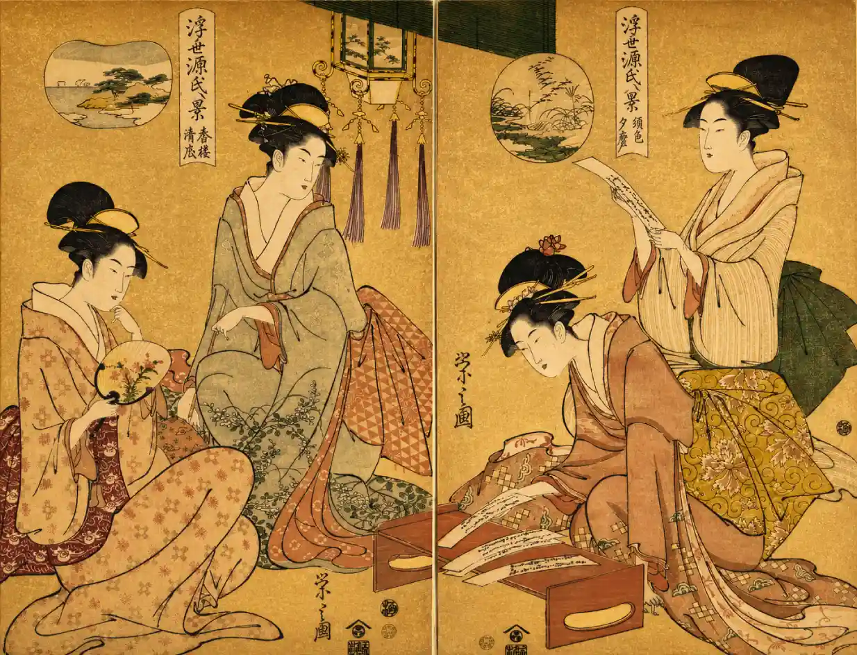 Spirit Summoner; Wild Geese Returning Home (Maboroshi; Rakugan) (right) and A Thin Veil of Clouds; Clearing Weather (Usugumo; Seiran) (left), from the series Eight Views of The Tale of Genji in the Floating World (Ukiyo Genji hakkei) | Chōbunsai Eishi - 浮世繪妖怪與怪談幽靈畫廊