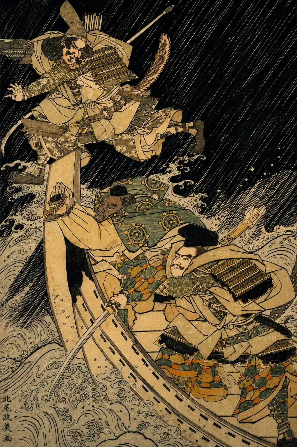 Minamoto Yoshitsune and His Retainer, the Monk Benkei, Putting to Flight the Ghost of Taira no Tomomori | Kuwagata Keisai - 浮世繪妖怪與怪談幽靈畫廊
