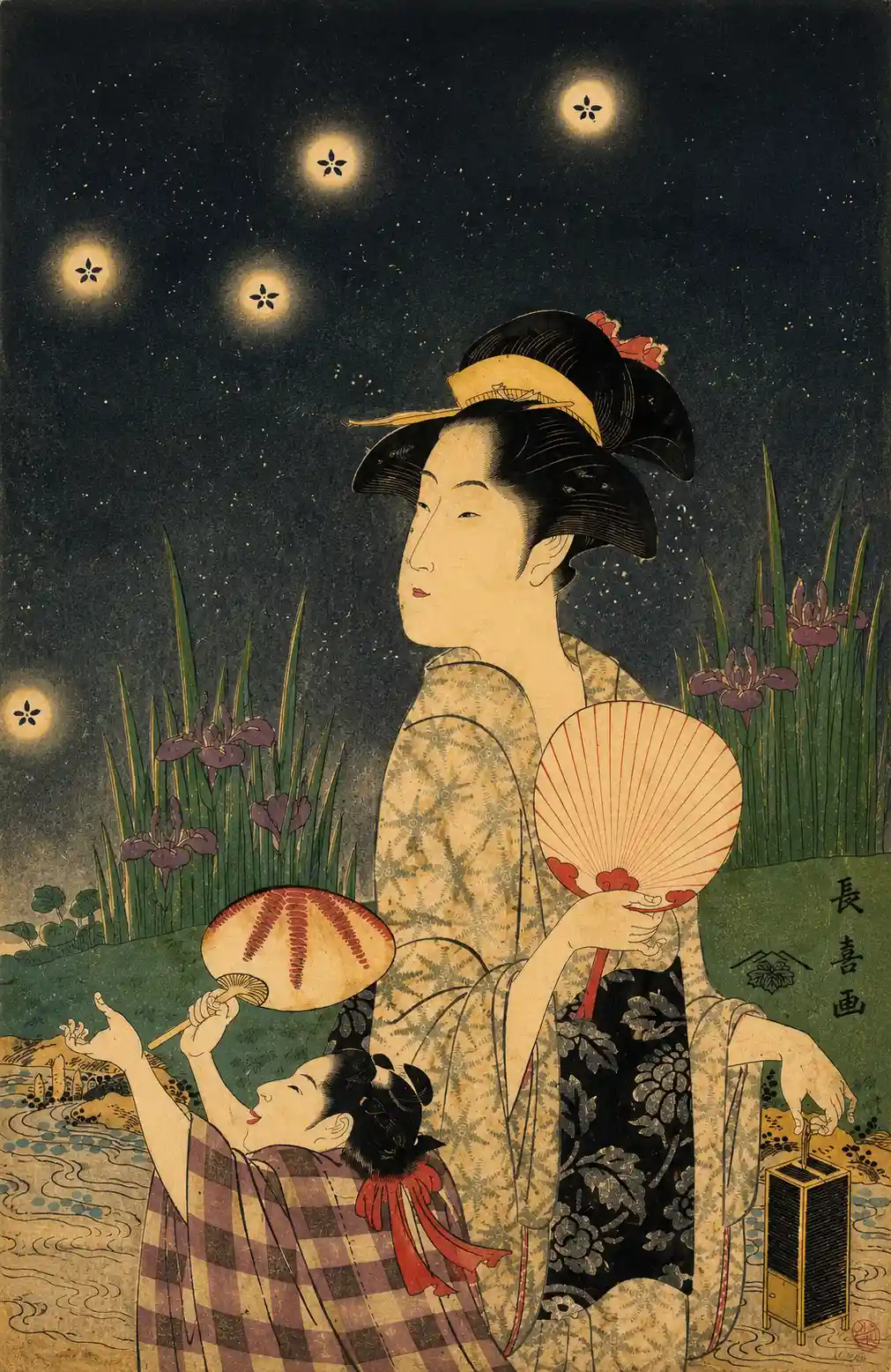 Woman and Child Catching Fireflies | Eishōsai Chōki - 浮世繪妖怪與怪談幽靈畫廊