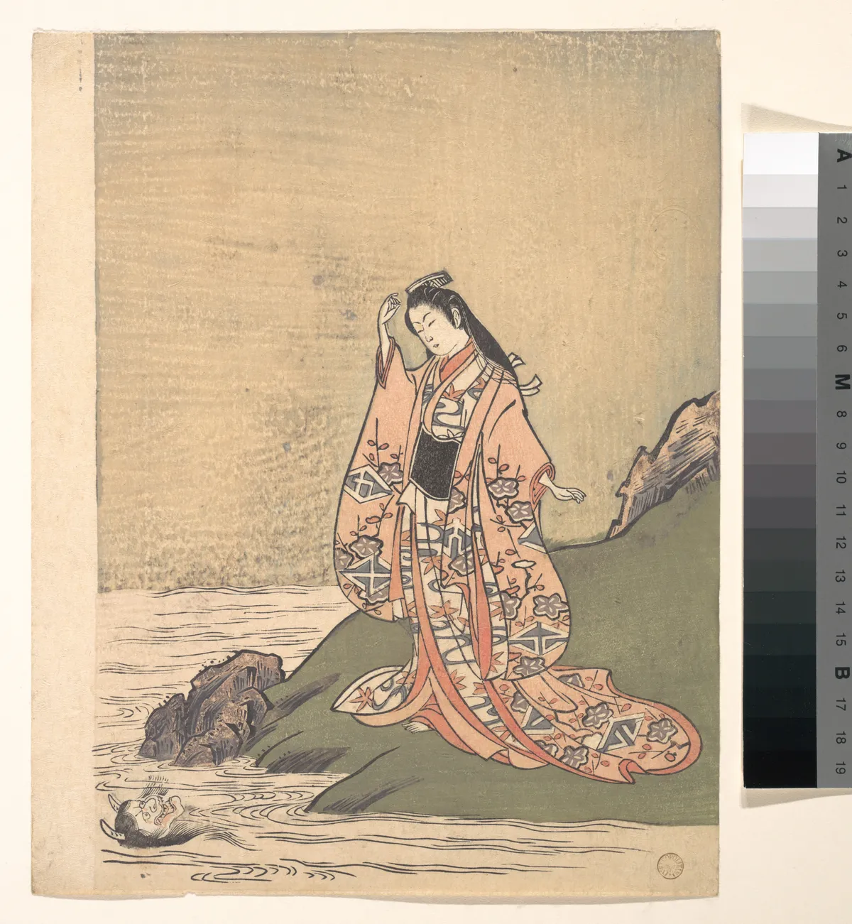 A Girl on the Edge of a Stream Sees a Demon's Head in the Water | Komatsuken Shoshoken (Shakeiko) - 浮世繪妖怪與怪談幽靈畫廊