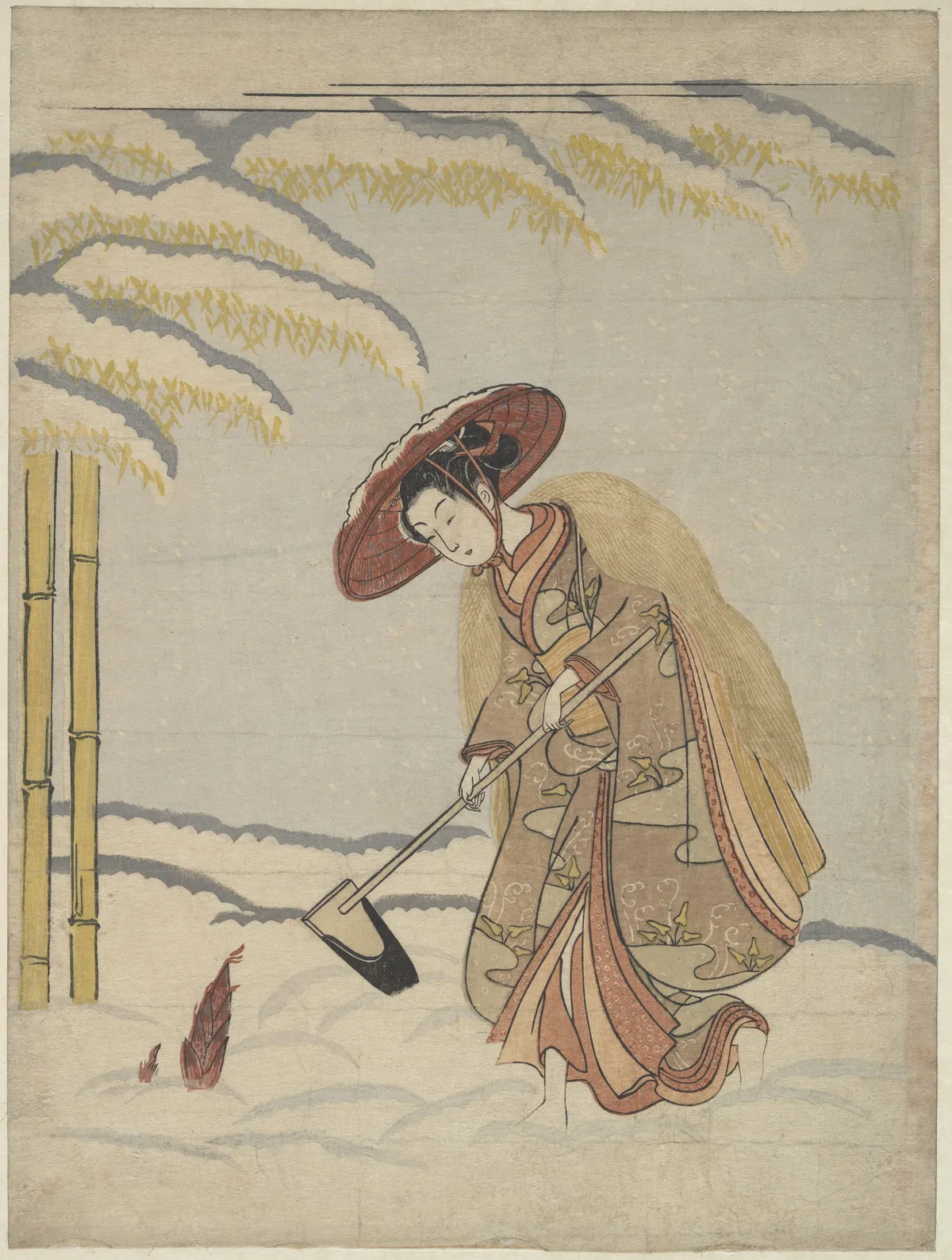 Woman Digging Bamboo Shoots in the Snow, or Parody of Meng Zong (Mōsō), from Twenty-Four Paragons of Filial Piety | Suzuki Harunobu - 浮世繪妖怪與怪談幽靈畫廊