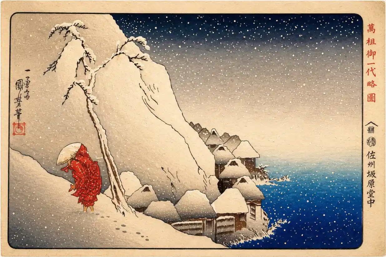 Monk Nichiren in Exile on Sado Island, from the series "Illustration of Famous Monks" | Utagawa Kuniyoshi - 浮世繪妖怪與怪談幽靈畫廊