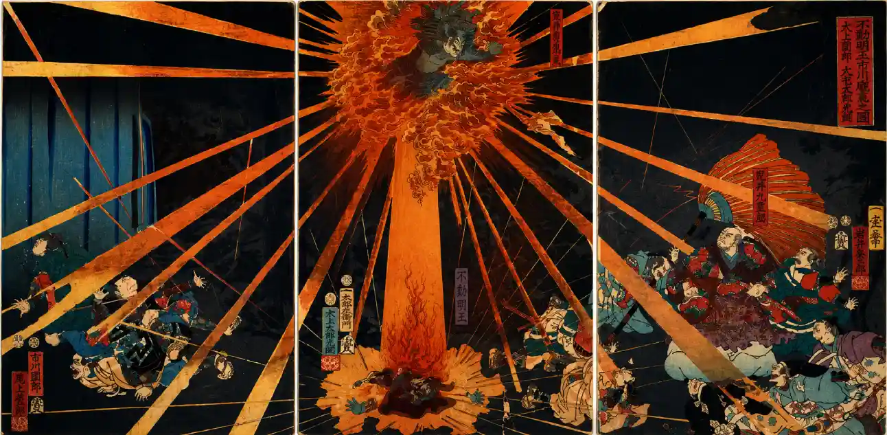 Kiyomori’s Visit to Nunobiki Waterfall: The Ghost of Yoshihira Taking Revenge on Nanba | Utagawa Yoshifusa - 浮世繪妖怪與怪談幽靈畫廊